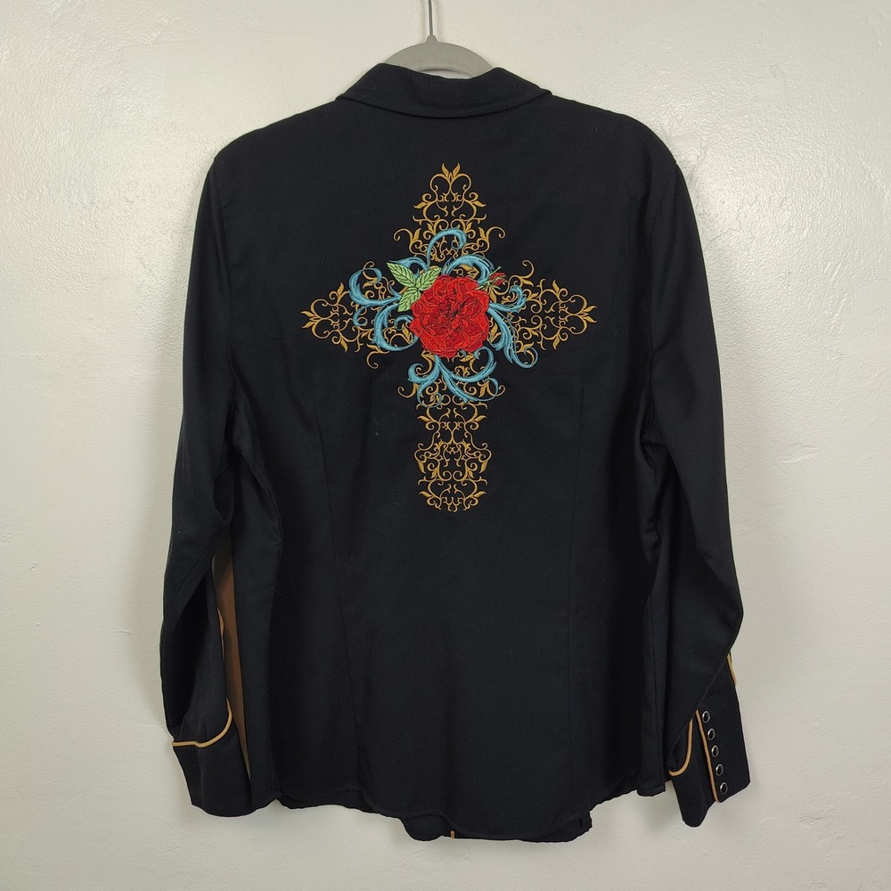 Roper Western Top Womens Plus Size 1X Black Gold Embroidered Rose Cross Snap - Picture 5 of 9